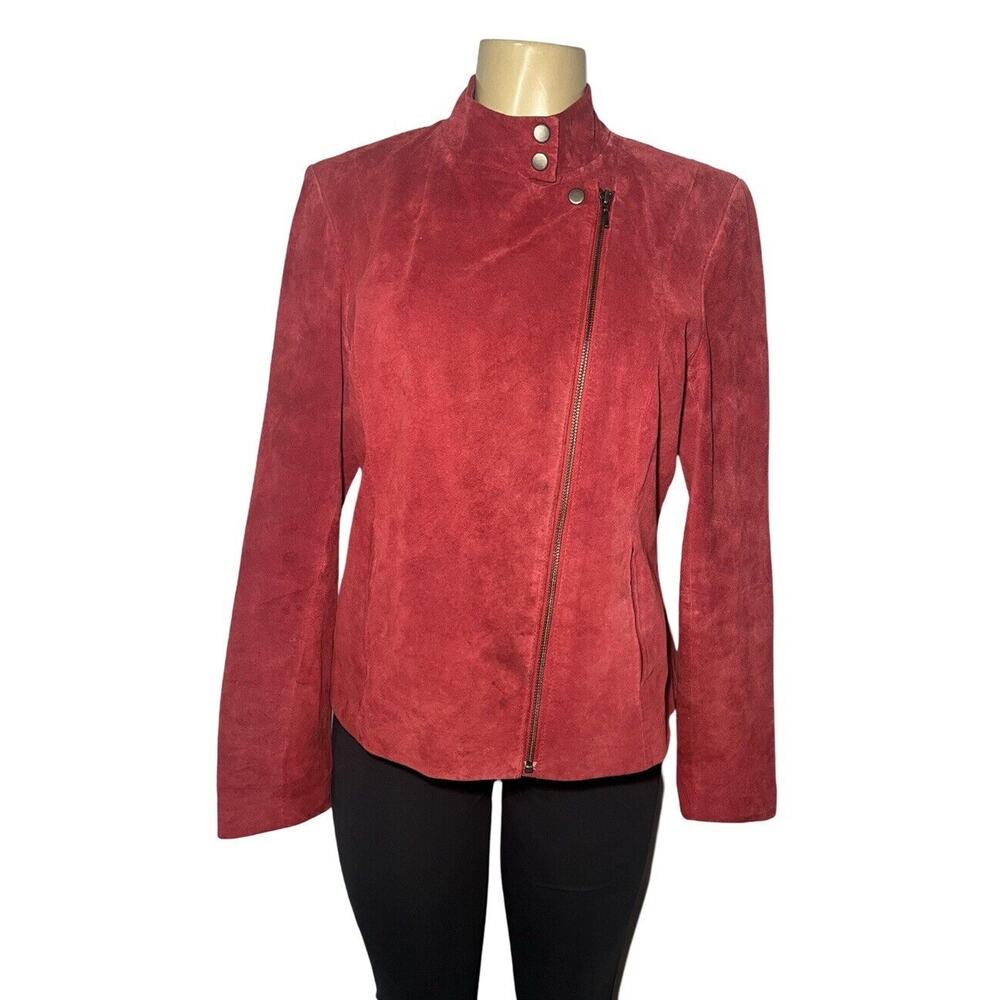 VTG 80s Alfani Red Suede‎ Leather Motorcycle Moto Biker Jacket Womens Lar…